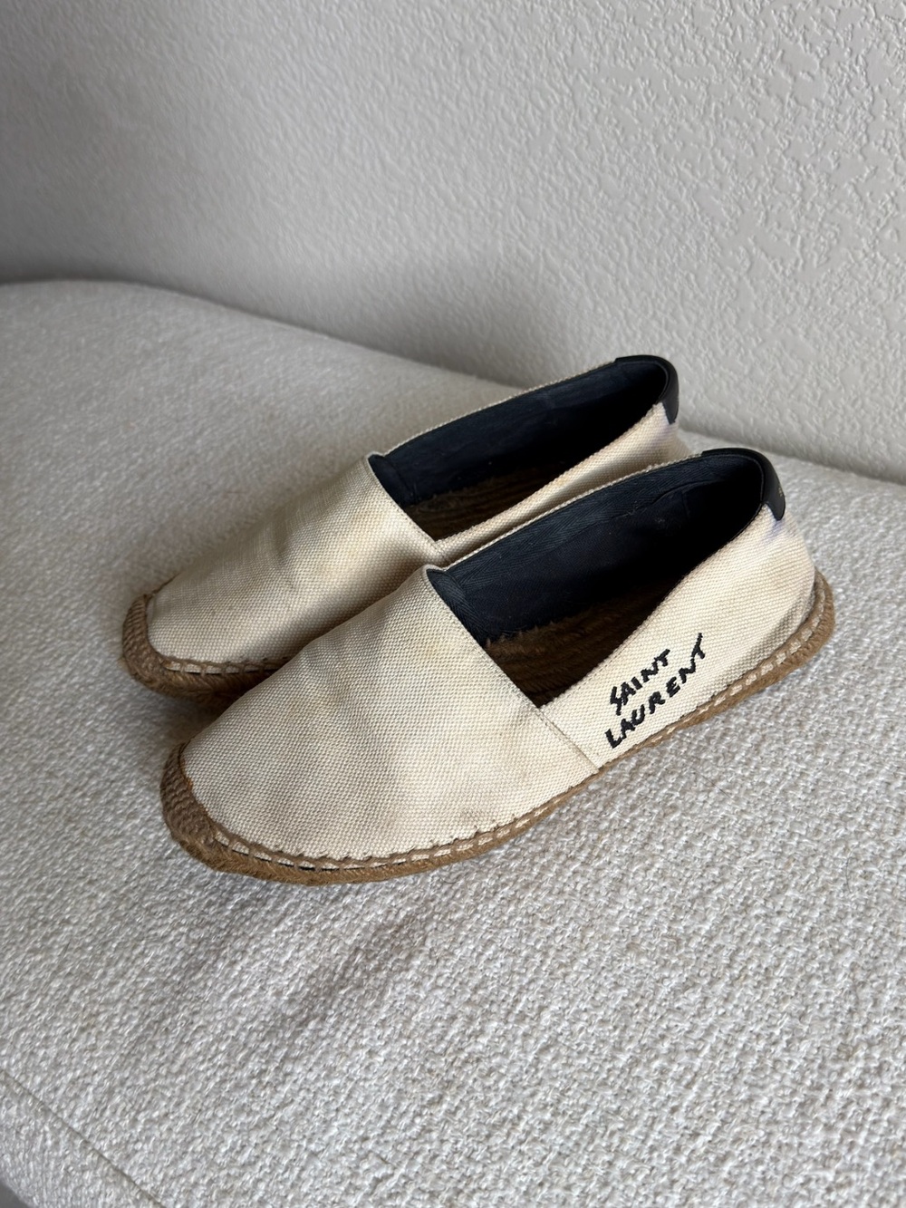 Saint Laurent Cream Canvas Espadrille Slip-Ons with Black Trim 6.5